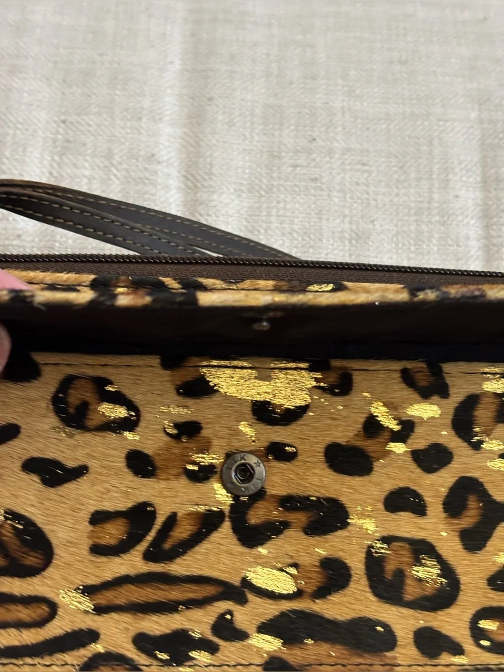 NWT Myra Bag Sparkling Gold Hide Leather Leopard Wallet Wristlet Clutch